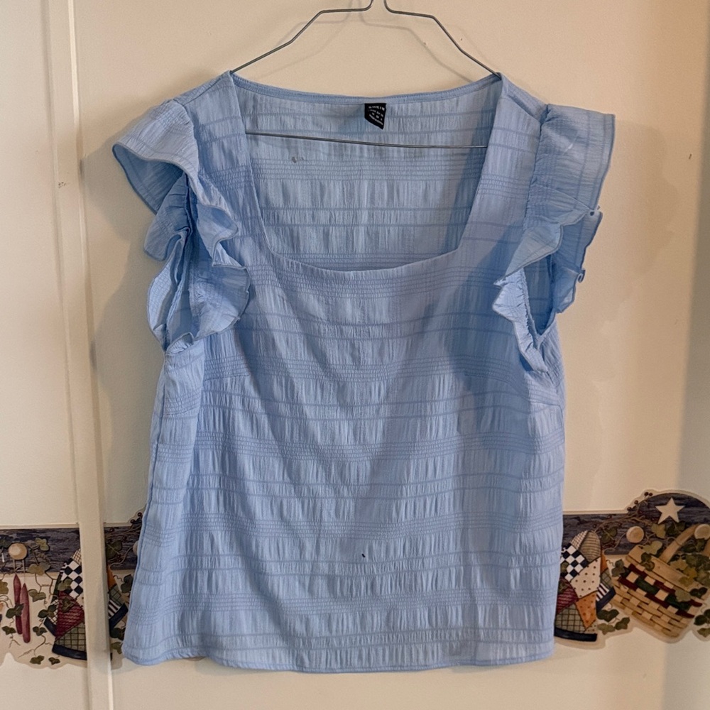 Light Blue Square Neck Ruffled Women's Top